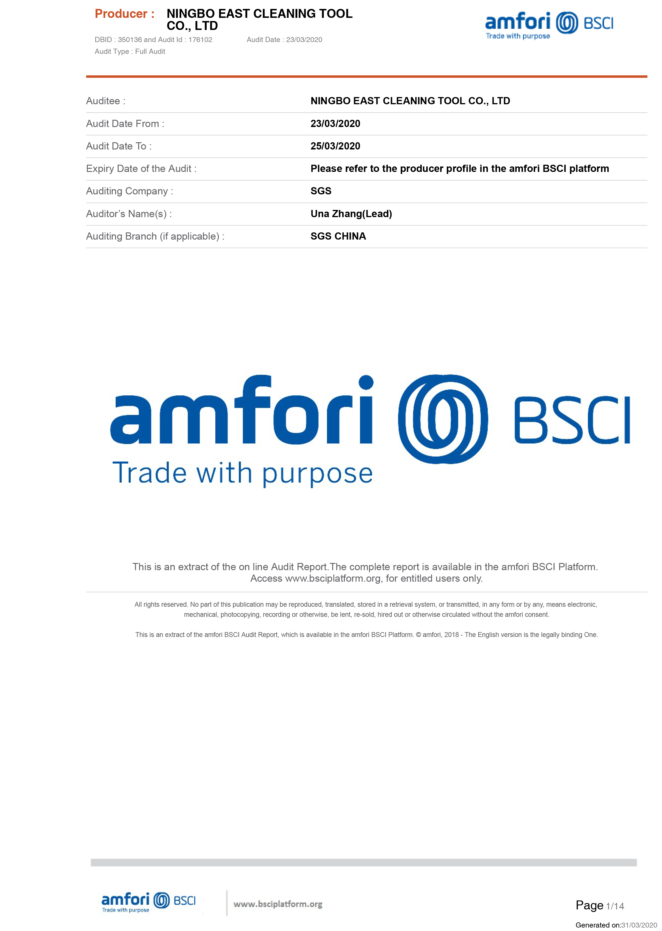 伊司达 SummaryAuditReport（BSCI 2019年）